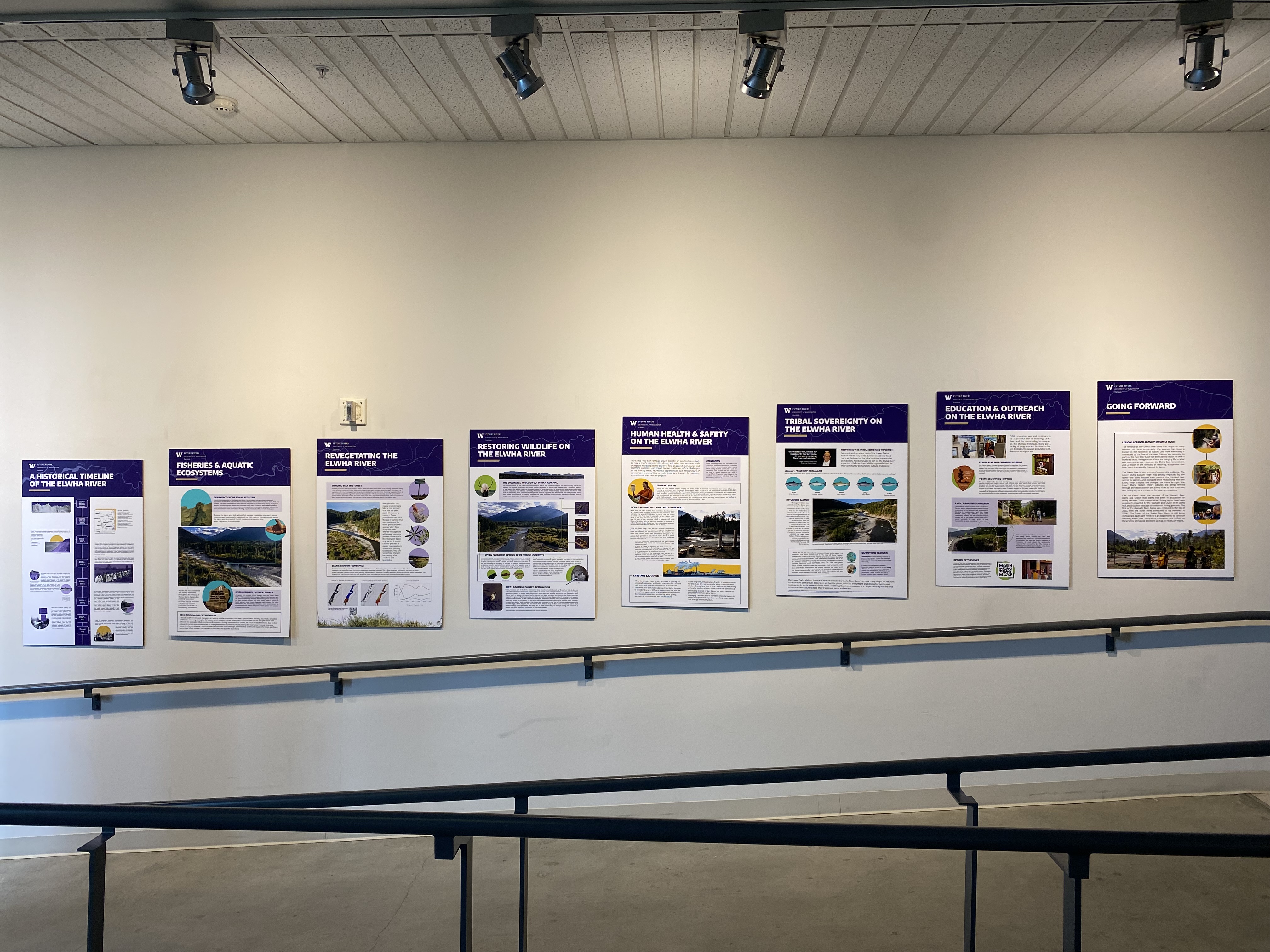 All seven Future Rivers research posters installed along the gallery wall at UW