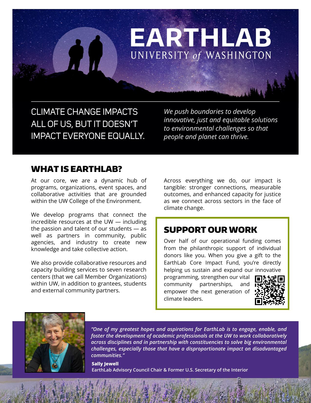 EarthLab one-pager page 1 — What is EarthLab and climate change mission statement