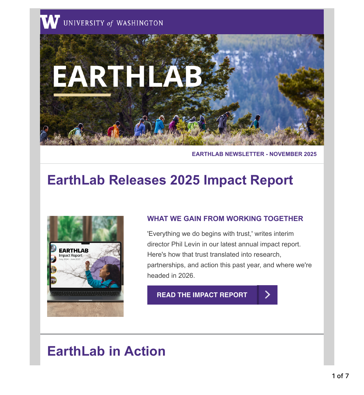 EarthLab newsletter — November 2025 issue announcing the FY25 Impact Report