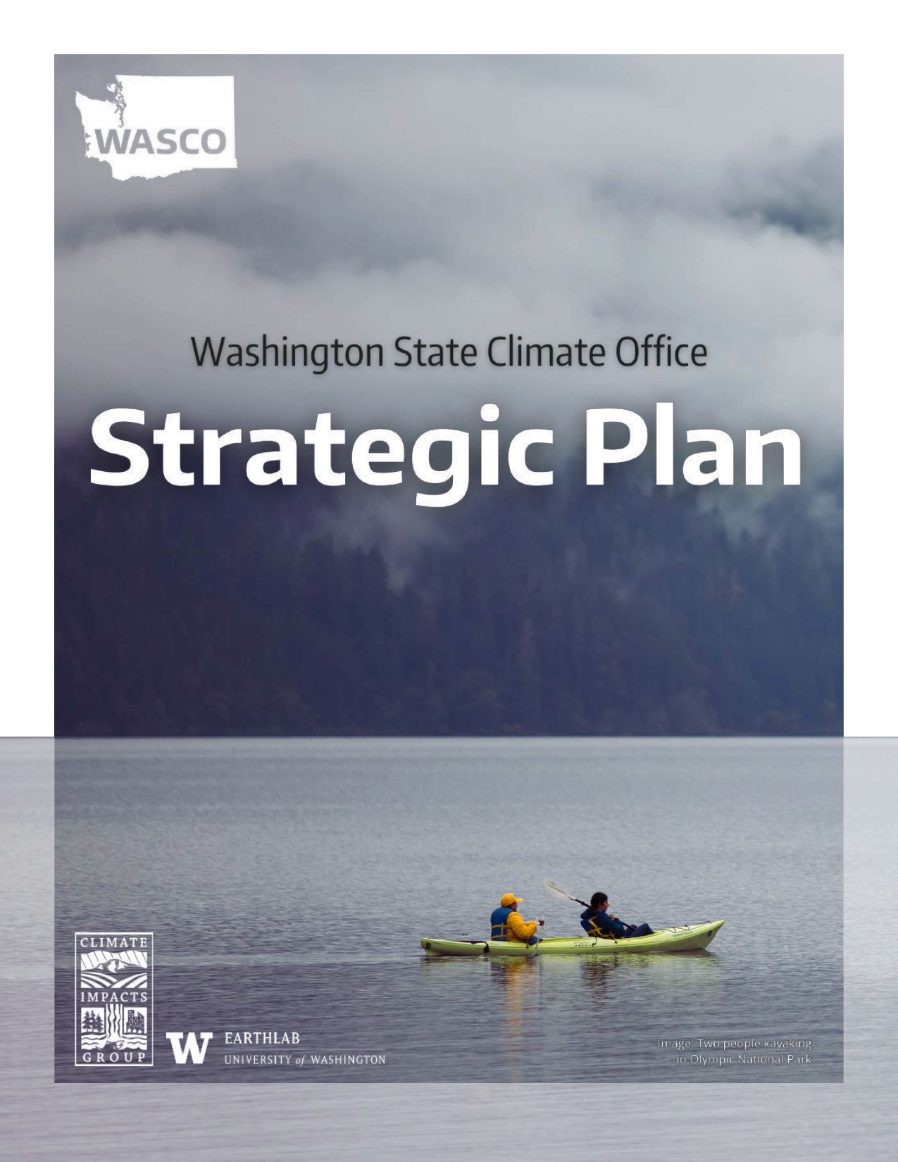 Washington State Climate Office Strategic Plan cover — kayakers on a misty lake