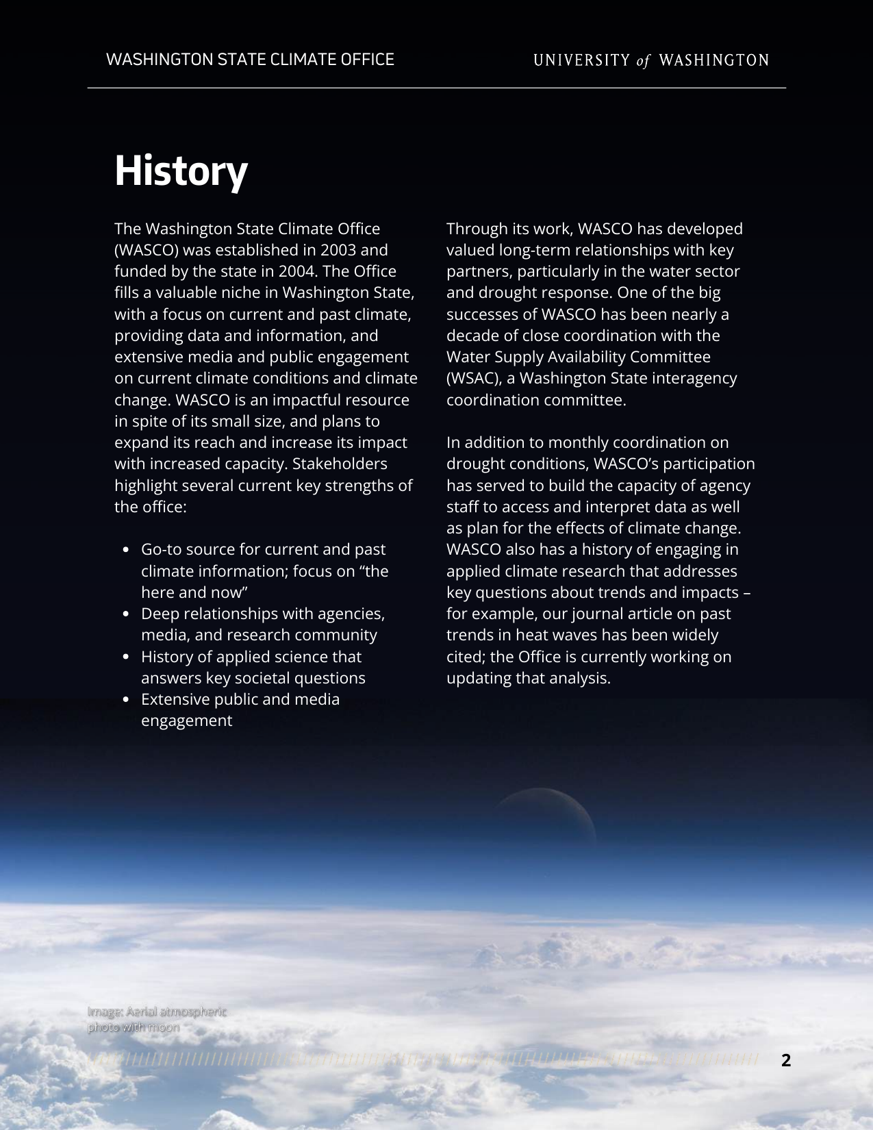 Washington State Climate Office Strategic Plan interior — History section with atmospheric aerial imagery