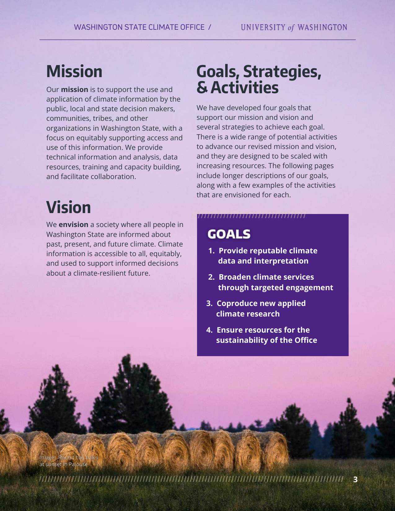 Washington State Climate Office Strategic Plan interior — Mission, Vision, and four Goals spread