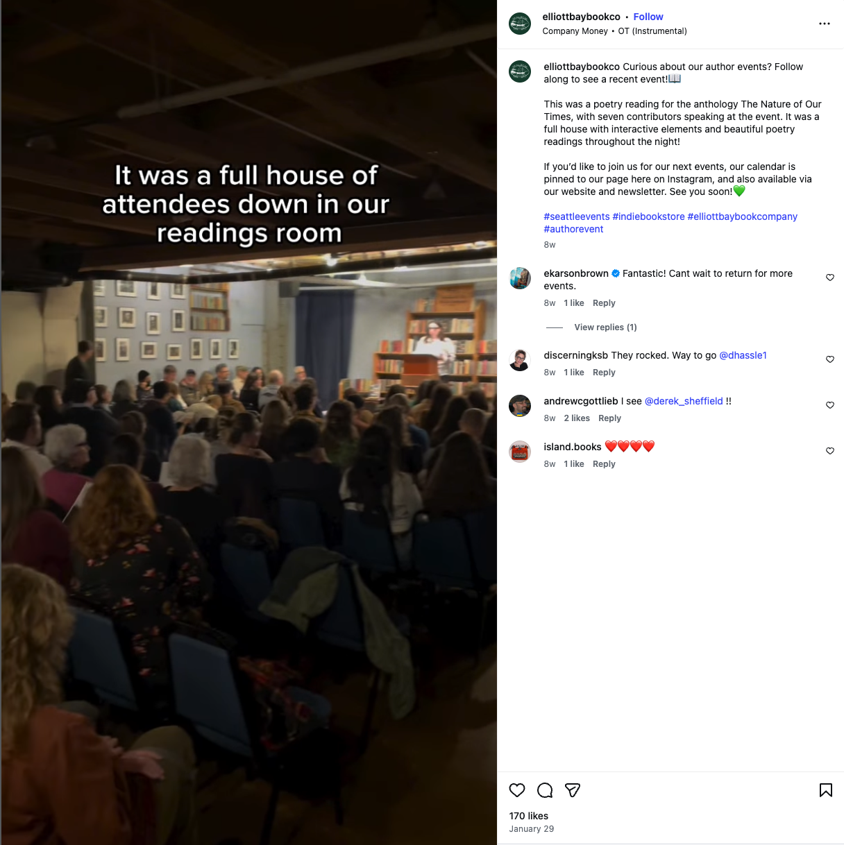 Full house at Elliott Bay Book Company for The Nature of Our Times reading