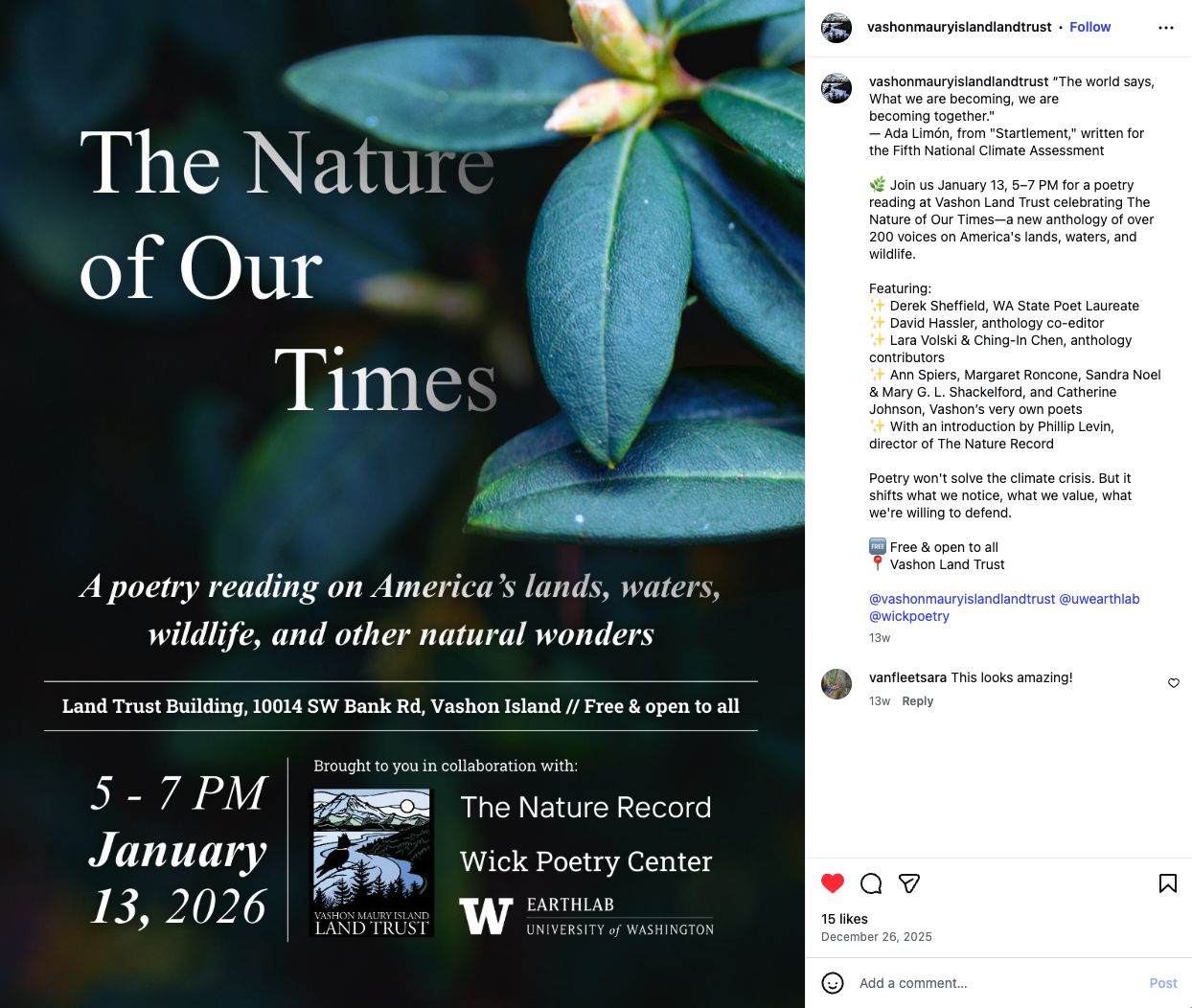 Event promotional graphic for The Nature of Our Times poetry reading at Vashon Island Land Trust